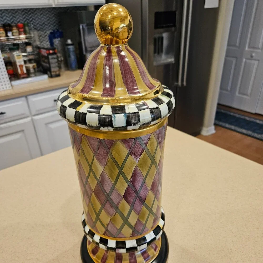 RARE MACKENZIE CHILDS ARGYLE PLAID AURORA CERAMIC COLUMN STORAGE CANISTER JAR